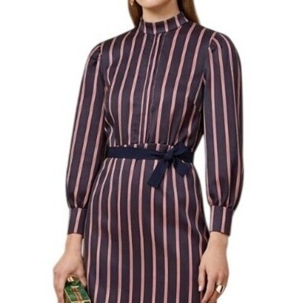 Sandro Paris Striped Mock Neck Tie Waist Mini Dress Navy Red Satin Size 40|US 8